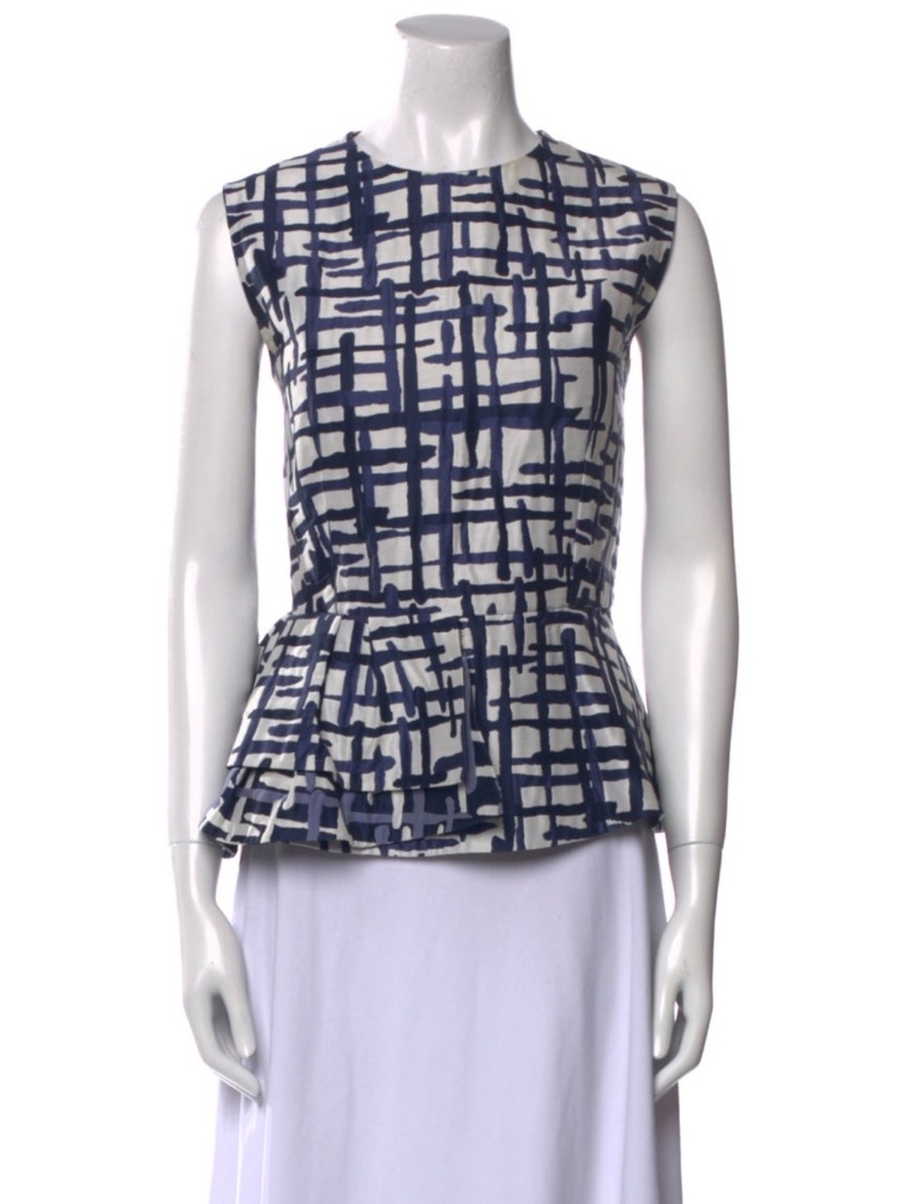 Carolina Herrera Blue Plaid Ruffle Sleeveless Top
